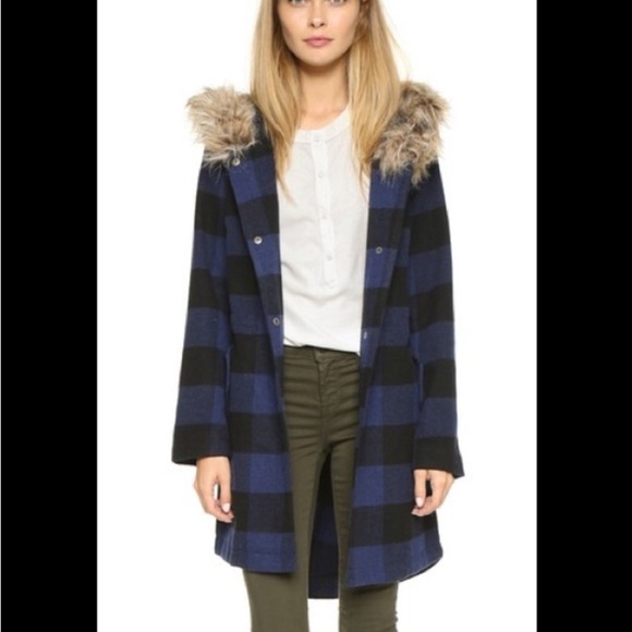 Wool blend parka jacket plaid pattern blue/black size M - Picture 1 of 12
